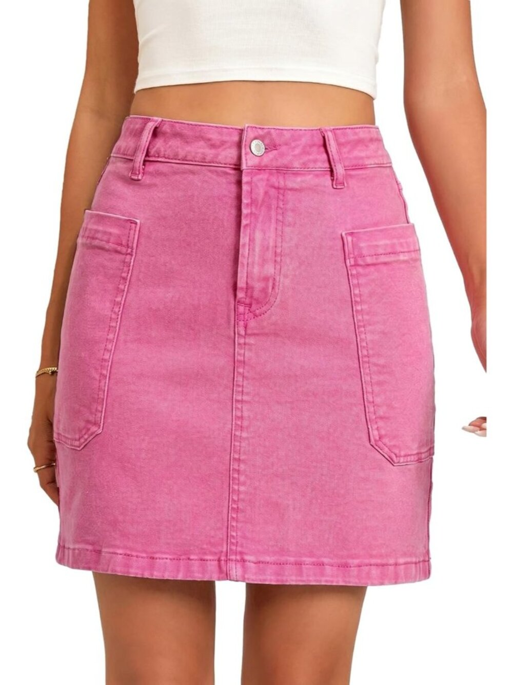 Women's Red Cargo Pocket Straight Casual Knee Length High Waisted Denim Skirt
